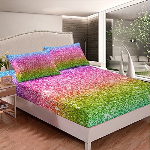 Loussiesd Double Glitter Bed Sheet Set, Baby Girl Kids Teens Rainbow Colorful Bed Sheets, Super Soft, Girly - Image 2