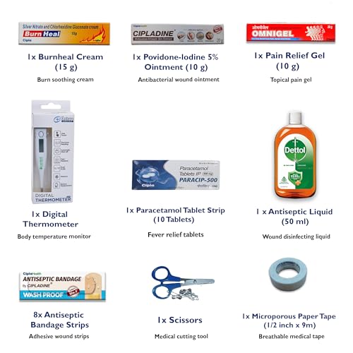 Image of Carent Small First Aid Kit for Home, Office & Travel | 13 Essential Medical Supplies | Burn Cream, Antiseptic, Bandages, Thermometer & More | Emergency Care Kit