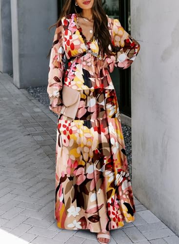 Image of BLENCOT Womens Casual Boho Floral Printed V Neck Long Sleeve Long Maxi Dress Spring Summer Dresses
