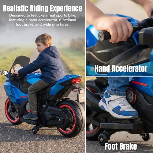 Image of Baybee BoltX Electric Bike for Kids 3+ Years | Baby Rechargeable Battery Bike with Training Wheels, Hand Accelerator, Foot Brake, Led Lights & Music | Battery Operated Bike for Kids to Drive (Blue)