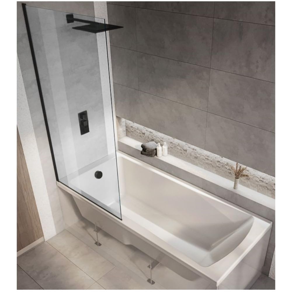 Milano Elswick White 1700mm x 700mm Single Ended Square Shower Bath Black Screen