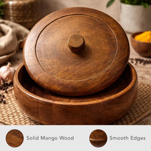 Image of Premium Wooden Roti Box with Lid | Handmade Chapati Storage Container | Insulated Bread Keeper for Kitchen & Dining | Traditional Round Roti Dabha for Serving & Storage.