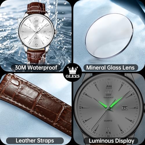 Image of OLEVS Men Leather Watches Classic Quartz Large Dial Easy Read Waterproof