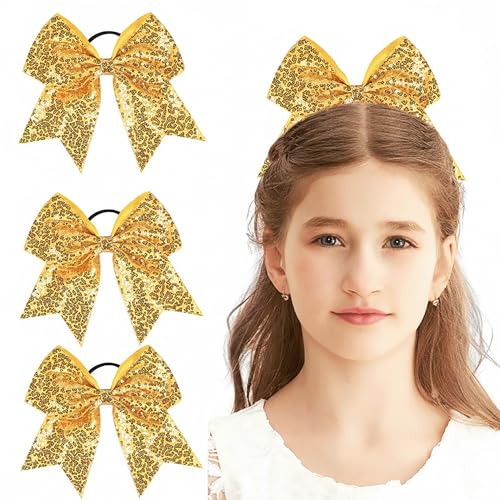3 Pcs 8" Large Sequin Cheer Bows, Jumbo Ponytail Holders Elastic Hair Ties
