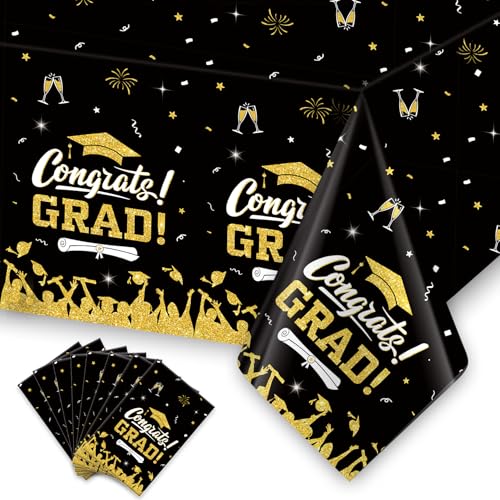 Image of 8 PCS Graduation Tablecloth, Graduation Decorations 2026, Black Gold Graduation Tablecloth Disposable, Plastic Congrats Grad Table Decoration for Class of 2026 Graduation Party Decorations, 108 inch X 54 inch