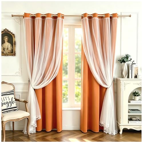 Image of Orange Blackout Curtains 84 Inches Long - Double Layer Curtains,Sheer Voile with Light Block Panels Mix & Match Window Decor for Bedroom Dining Room, 52 inchx84 inch, 2 PCs