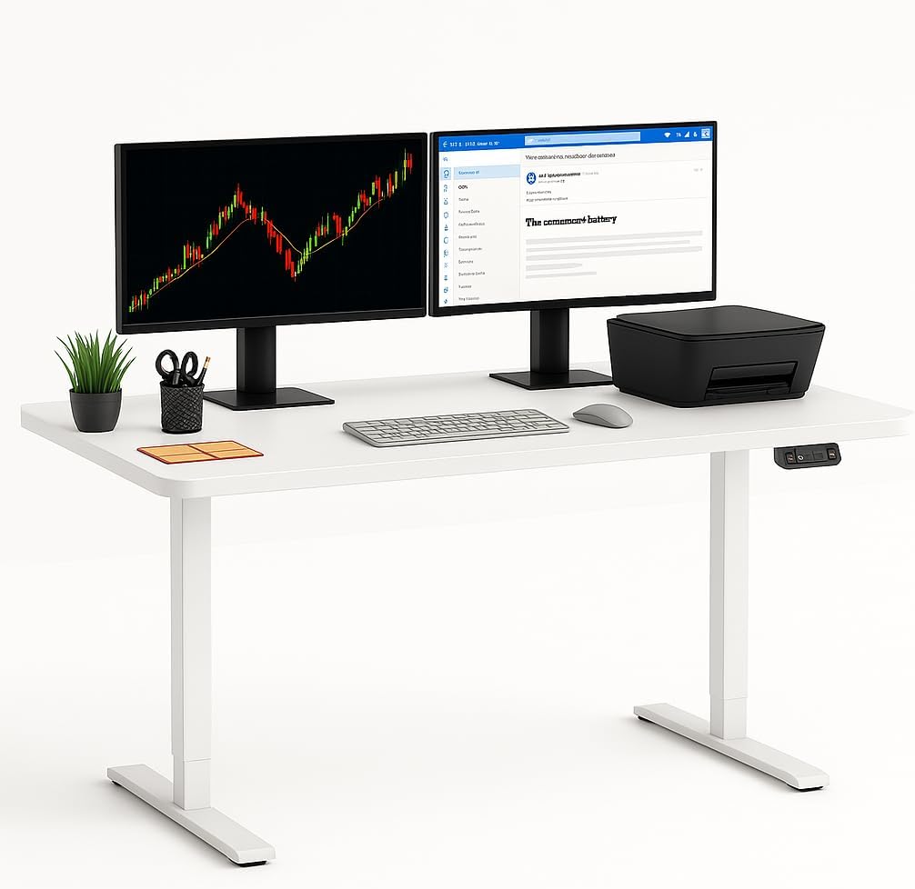 AKI Electric Standing Desk – Frost | Smart Controller, Sleek & Ergonomic | 1-Piece Double Side Laminated Tabletop, Made in Canada | 56 x 28 in (White Frame/White Tabletop)