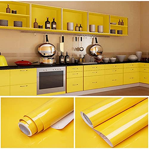 Image of HOME13 Yellow Glossy Wallpaper Yellow Contact Paper Self Adhesive Peel & Stick Waterproof Wallpaper Removable Vinyl Wallpaper for Cabinet Countertops Furniture (24x480 Inch)