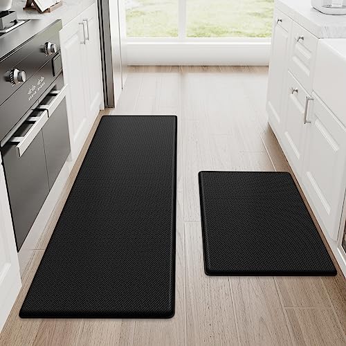 Kitchen Mats, 2PCS Kitchen Rugs, Cushioned Anti Fatigue Kitchen Mats for Floor, Non-Slip Standing Desk Mat, Waterproof Kitchen Rug Set for Kitchen, Floor, Office,17.3″×30″+17.3″×47″,Black