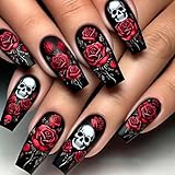 24Pcs Halloween Press on Nails Red Roses Design Medium Black Fake Nails Matte Square Acrylic Nail Art Kit Halloween Skull Stick on Nails Full Cover Medium Length Artificial False Nails for Women