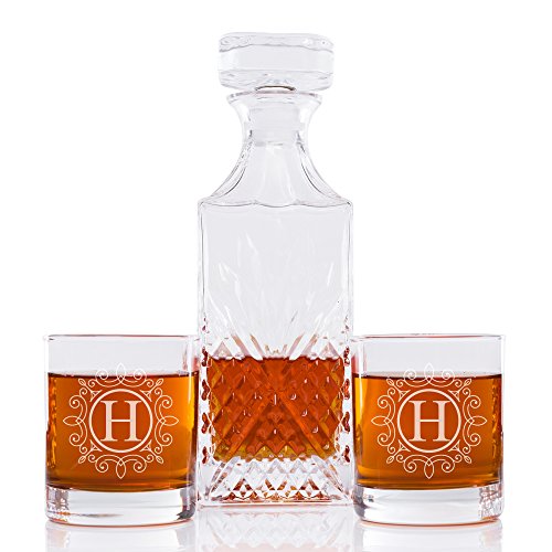 Ornate Monogram Bevel Decanter and Rocks Glasses (Set of 5), Letter H