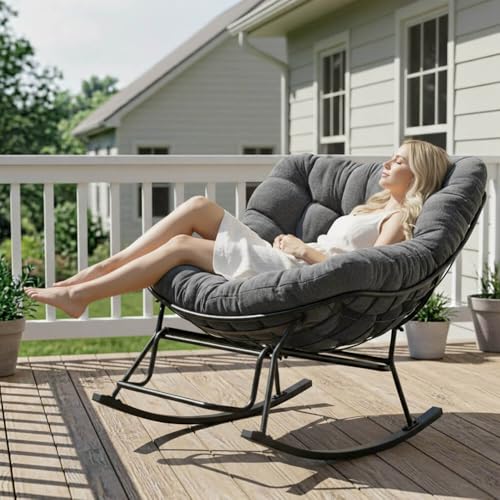Image of Rocking Chair Nursery, Ergonomic Papasan with Soft Thick Cotton Cushion, Comfy Sofa Recliner Egg Papasan Chair for Living Room Bedroom Garden Indoor Outdoor Lounge (Gray)