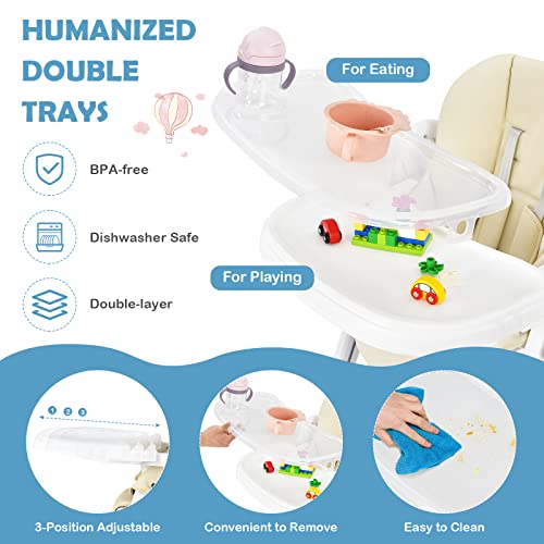 Baby Joy Baby High Chair, Folding Highchair W/ 4 Wheels, One-Step Brake, Removable Double Trays, Detachable Pu, Flip-Up Armrests, Adjustable Height, Backrest & Footrest For Infants & Toddlers (Beige) #TOP3
