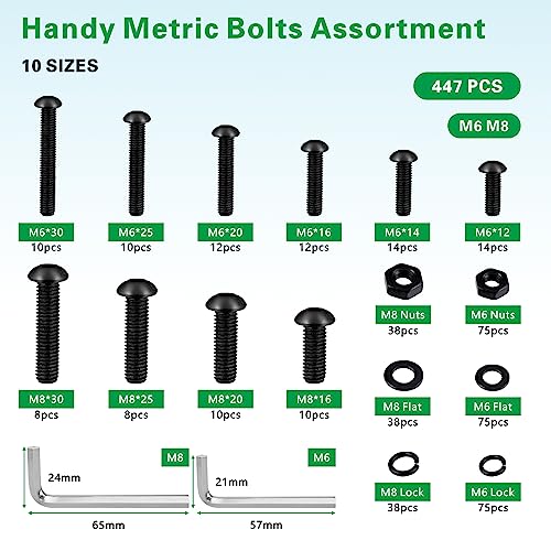 447PCS Metric Nuts and Bolts Assortment Kit - M6 M8 Screws Assortment, Assorted Machine Screws Nuts Washers with Hex Wrenches, Grade 10.9 Alloy Steel Black Oxide Button Head Hex Socket Cap Screw Set