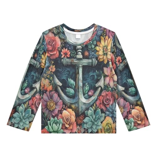 Anchor Succulent Navy Rash Guard Shirt for Boys Sun Protection Shirt for Kids Toddler UPF50+ 7-8T