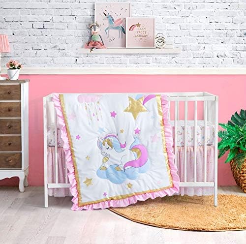 Little Grape Land 3 Piece Crib Bedding Set for Girls, Unicorn Crib Set in Standard Size 52" x 28", Including Fitted Crib Sheet, Crib Quilt, Crib Skirt, Pink/Gold
