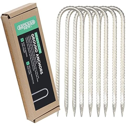 Satargo Set of Galvanized Steel Heavy Duty Tent Pegs for Hard Ground - 12" Metal Rebar Pegs for Tent Trampoline Gazebo - 10mm Thick Metal U Ground Stakes Anchors Pegs with Silicone End Caps (4) Cover
