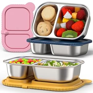 3 Pack Stainless Steel Snack Containers with Silicone Lids, Meal Prep Containers, Reusable 2 Compartment Food Storage Containers, Stainless Steel Box for Lunch, Office, Travel