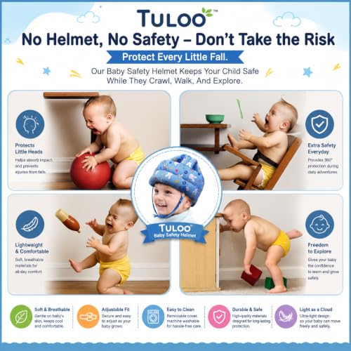 Image of Baby Infant Toddler Helmet No Bump Safety Head Cushion Bumper Bonnet Adjustable Protective Printed Cap Child Safety Headguard for Running Walking Crawling Safety Helmet (Sky Blue)