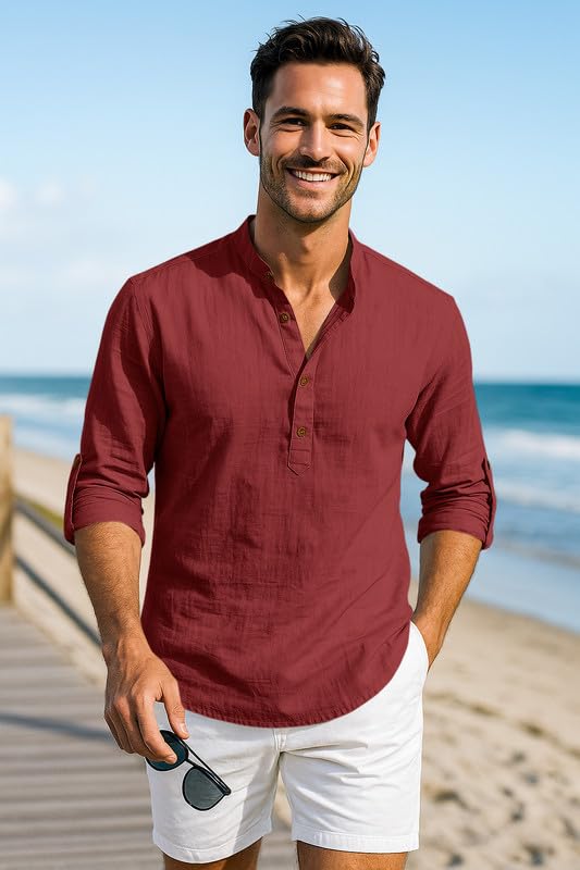 Image of Macsivo Men's Cotton Blend Solid Short Kurta with Mandarin Collared Full Sleeve Drawstring Stylish Straight Length | Kurta for Men Stylish