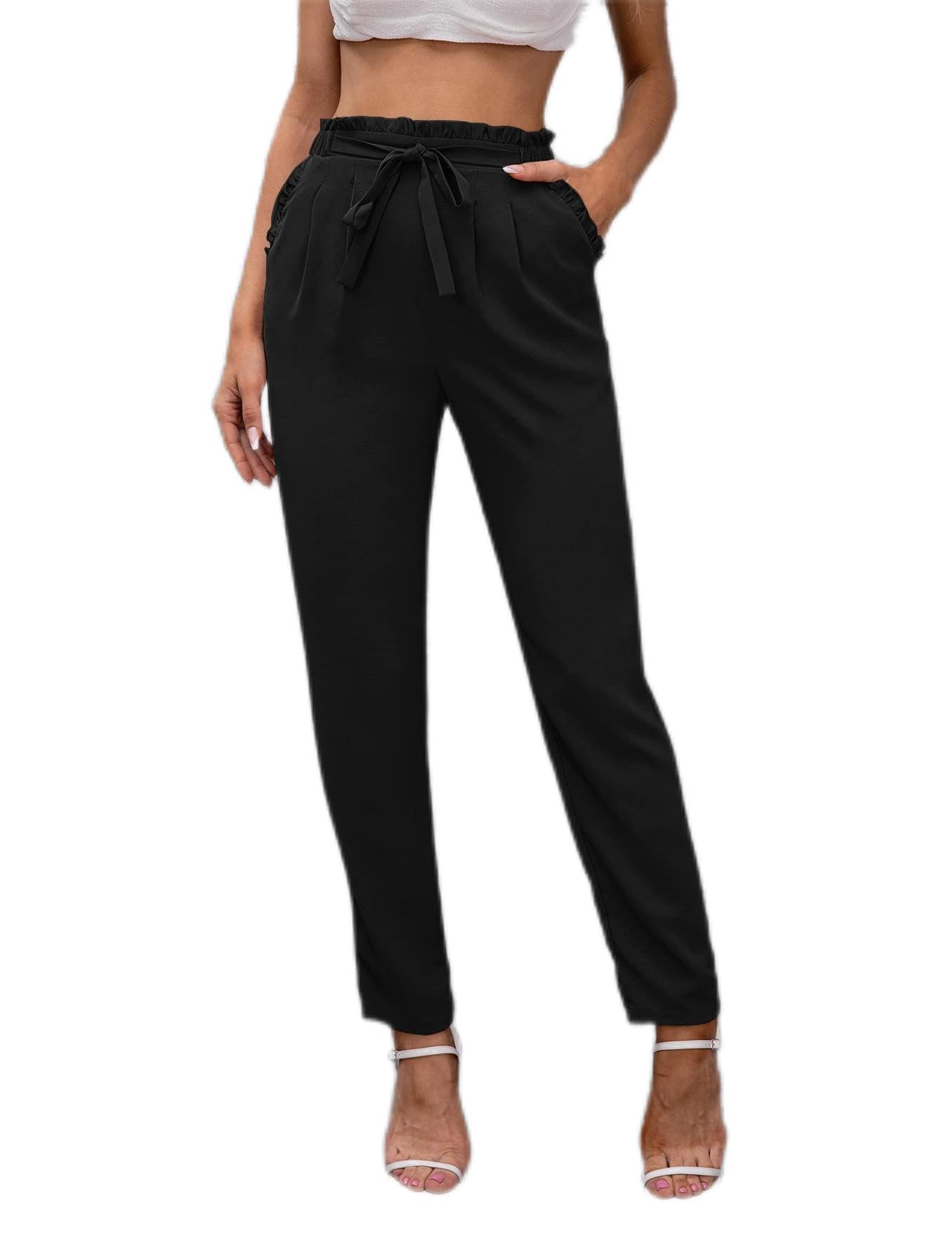 ANACRO Pants for Women - Paperbag Waist Belted Pants Color Black Size X-Small