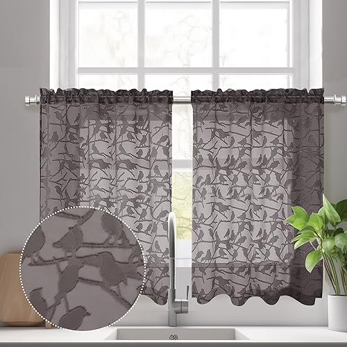 OVZME Anji Textured Brown Kitchen Sheer Curtain Tiers 36 inch Length 2 Panels Set, Elegant Farmhouse Short Sheer Curtains for Small Half Windows/Bathroom/Cafe/Living Room, Dual Rod Pocket, W38 x L36