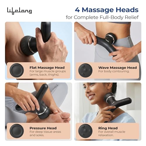 Image of Lifelong Flathead Massager | Body Massager for Pain Relief | 4 Specialized Heads for Targeted Therapy | 4 Speed Levels | Full Body Electric Percussion Massager for Adults & Children | Black