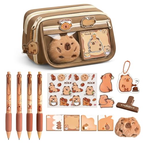 PRVCFZ Capybara Stationery Set Complete Capybara Pencil Case with Accessories Ideal Gift for Students and Artists Brown Capybara Stationery Collection with Pens and Stickers