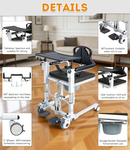 Image of Patient Lift Transfer Chair, 6 in 1 Patient Lift Chair with 180Split Seat for Home, Height Adjustable Portable Lift Nursing Chair with 4 Casters, Commode & Seat Cushion for Seniors Elderly, 350LBS