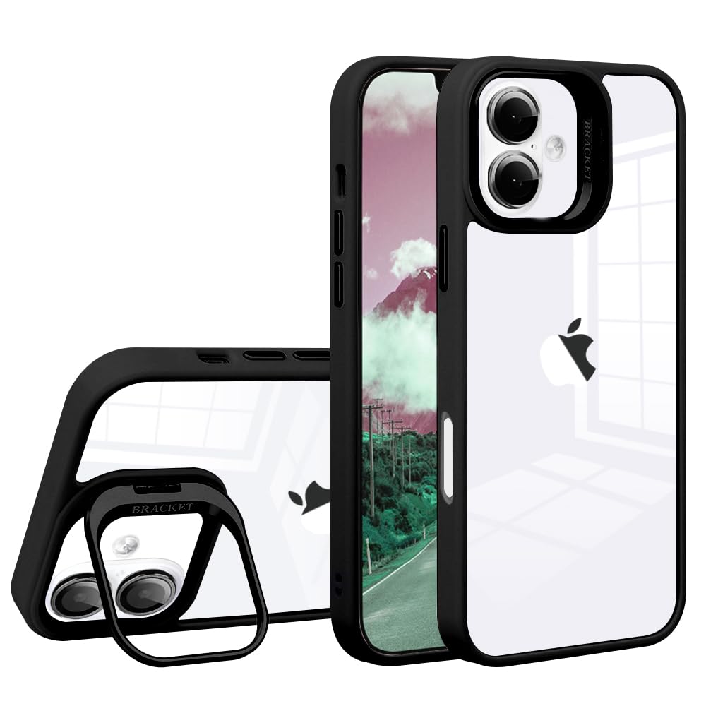 JOOBOY スマホケース 対応 iPhone 17 クリアケース 透明 レンズスタンド付き スタンド機能 レンズカバー付き PC背面+TPUバンパー おしゃれ 耐衝撃 ストラップホール付き アイフォン17 携帯電話ケース (ブラック, 17)