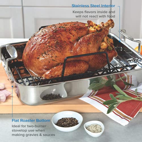 Image of Viking 3-Ply Stainless Steel Roasting Pan with Non Stick Rack, 16 x 13 Inch Kitchen Cookware, Great for Turkey, Dishwasher and Oven Safe, Induction Ready, Silver
