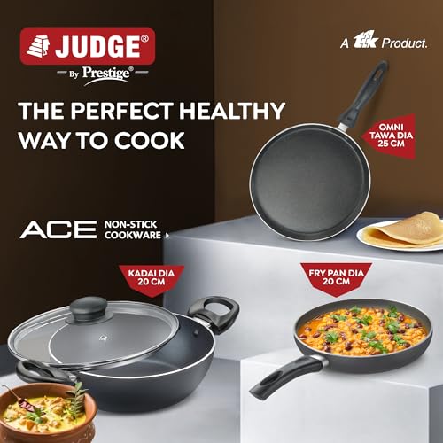Image of Judge by Prestige ACE Aluminium Non-Stick cookware BYK Set-Tawa 25cm-1U, Fry Pan 20cm-1U, Kadai 20cm-1U with Lid-1U + 3U Nylon Tools|Black