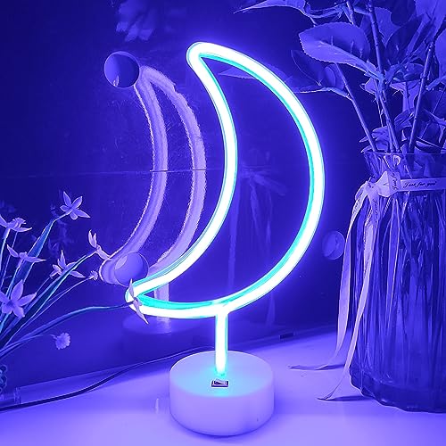 JYWJ Moon Neon Sign with Holder Base,USB or 3-AA Battery Powered Neon Light,LED Table Decoration,Bedroom Wall Decoration,Birthday Gift,Wedding Supplies Business Gift(Blue)