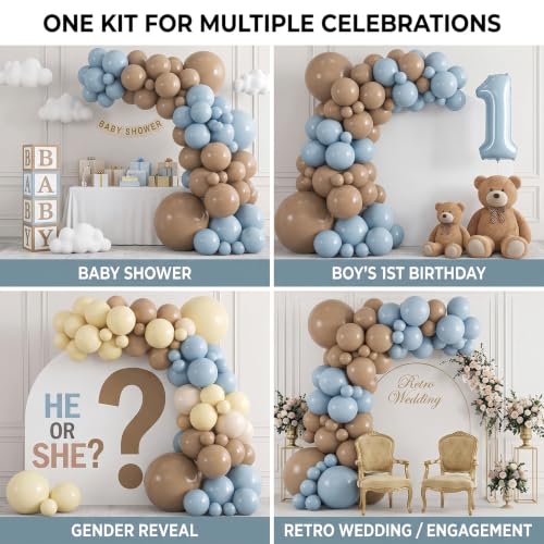 Image of 130pcs 18 /12 /10 /5 Inch Dusty Blue and Khaki Balloon Garland Arch Kit | Assorted Balloons for Boho Bear Boy Baby Shower, Neutral Woodland Birthday, Rustic Wedding Party Decorations