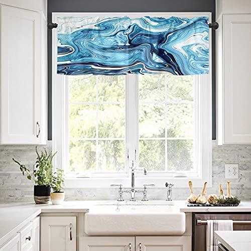 Valance Curtains For Kitchen Windows Marble Navy Blue Ink Painting Short Window Valances Treatment Rod Pocket Valance For Bathroom Bedroom Laundry Room 54X18In , 1 Panel #TOP1