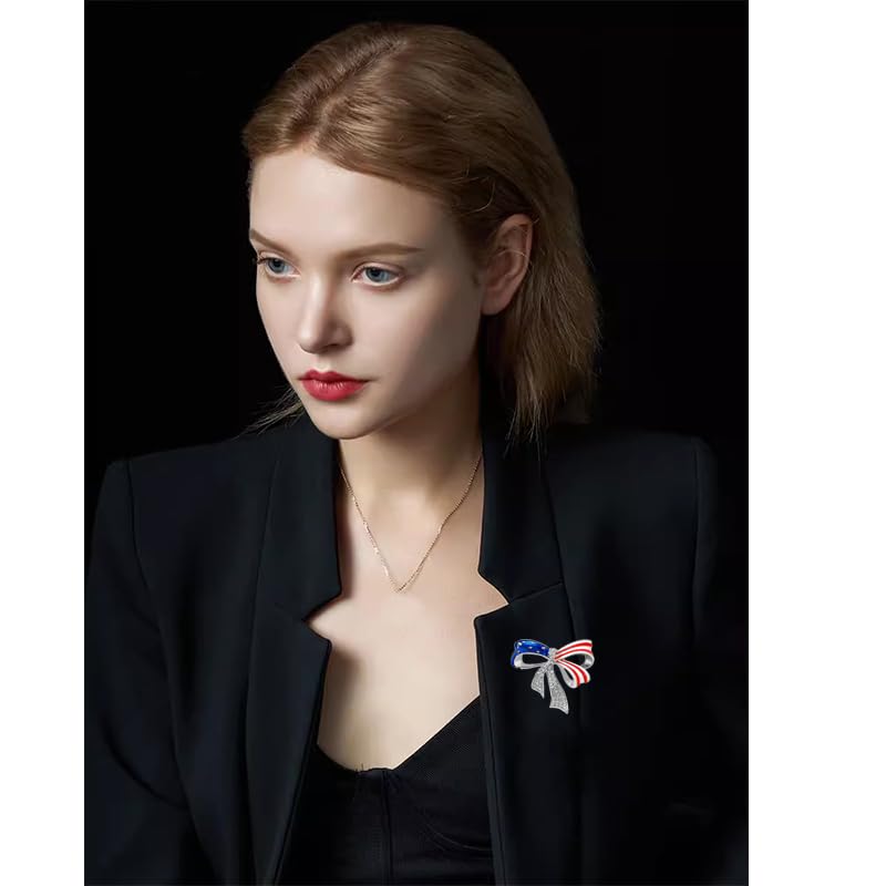 Image of Patriotic USA Flag Brooch Pin for Women Fashion Crystal Blue Red Independence Memorial Day Lapel Pin 4th of July Dress Accessories