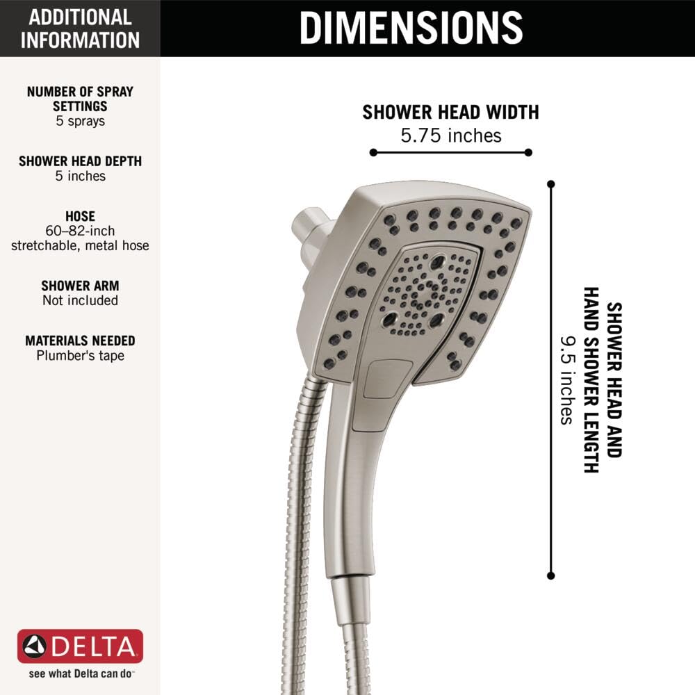 Delta 5-Setting In2ition 2-in-1 Dual Hand Held Shower Head with Hose, Brushed Nickel Shower Head Handheld Combo - Image 4
