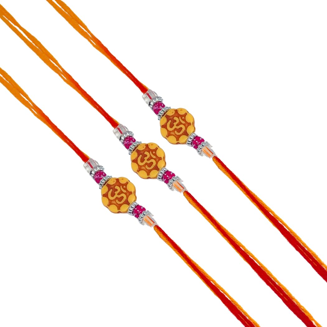 JAGMORBrown Om Pendant with Crystal and Pink Beads Rakhi Thread, Rakhi for Brother, Rakhi Bracelet, Bhaiya Bhabhi Rakhi, Raksha Bandhan Rakhee, Pack of 3