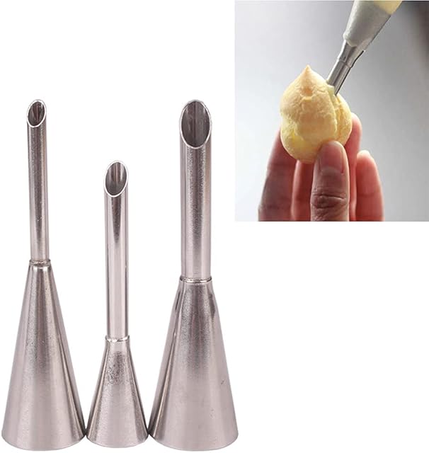 3PCS Cake Nozzles Tip Cream Icing Piping Nozzle Tip Stainless Steel Long Puff Nozzle Tip Decorating Tool 3 Sizes