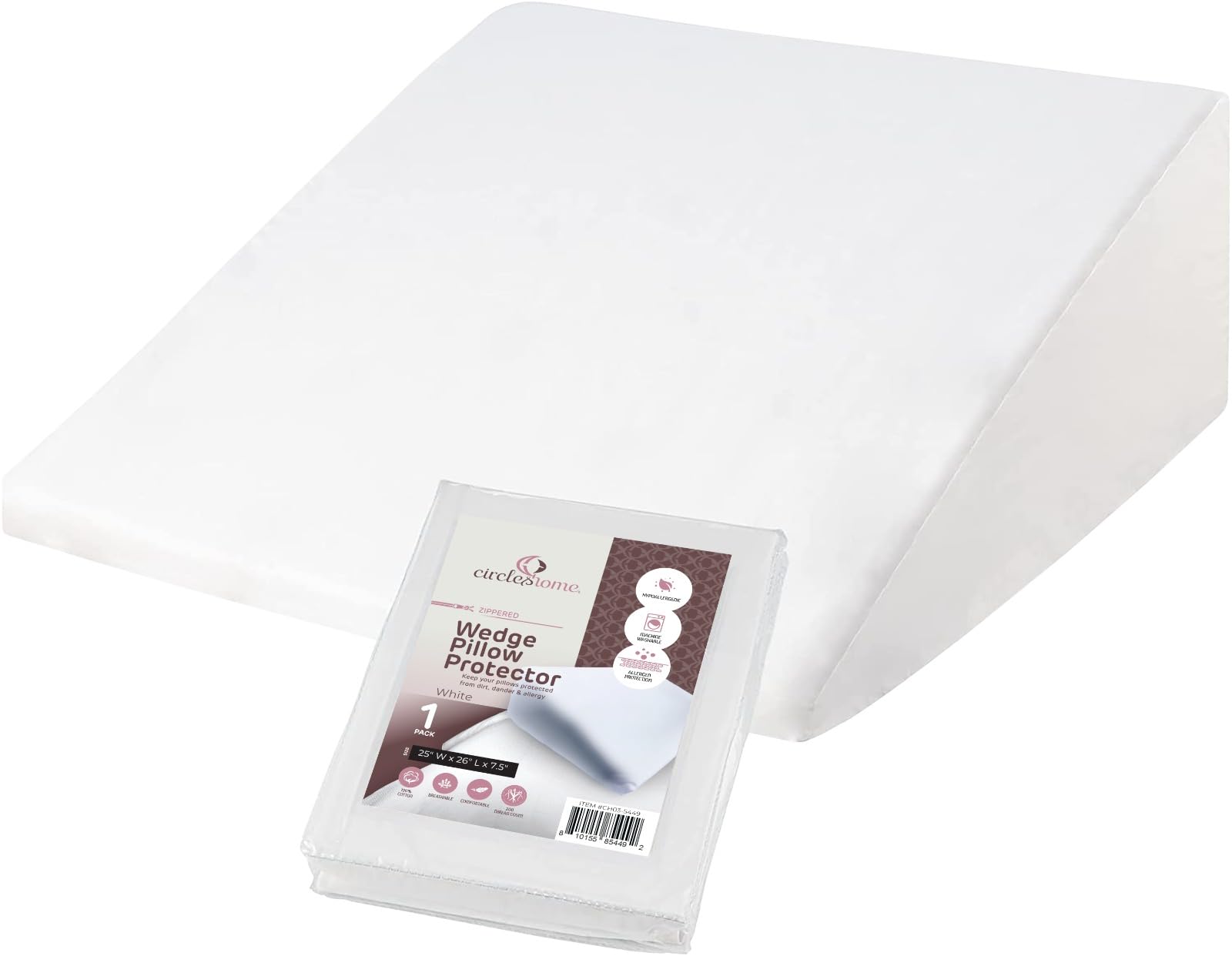 Circleshome White Wedge Pillow Cover 100% Cotton, Zippered Wedge Pillow Case Protector, Soft, Hypoallergenic & Breathable -, (25Wx26lx7.5)