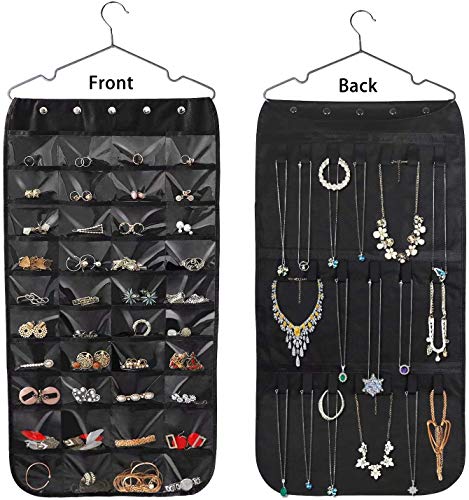 Hanging Jewelry Organizer, Double Sided 40 Pockets And 20 Magic Tape Hook Jewelry Organizer, Necklace Holder Jewelry Chain Organizer For Earrings Necklace Bracelet Ring With Hanger, Black #TOP25