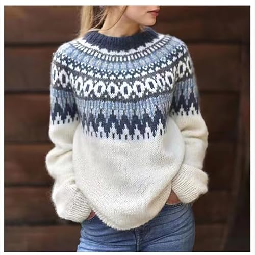 Womens Fall Vintage Fair Isle Sweater Casual Loose Long Sleeve Crewneck Knitted Pullover Sweater Tops2