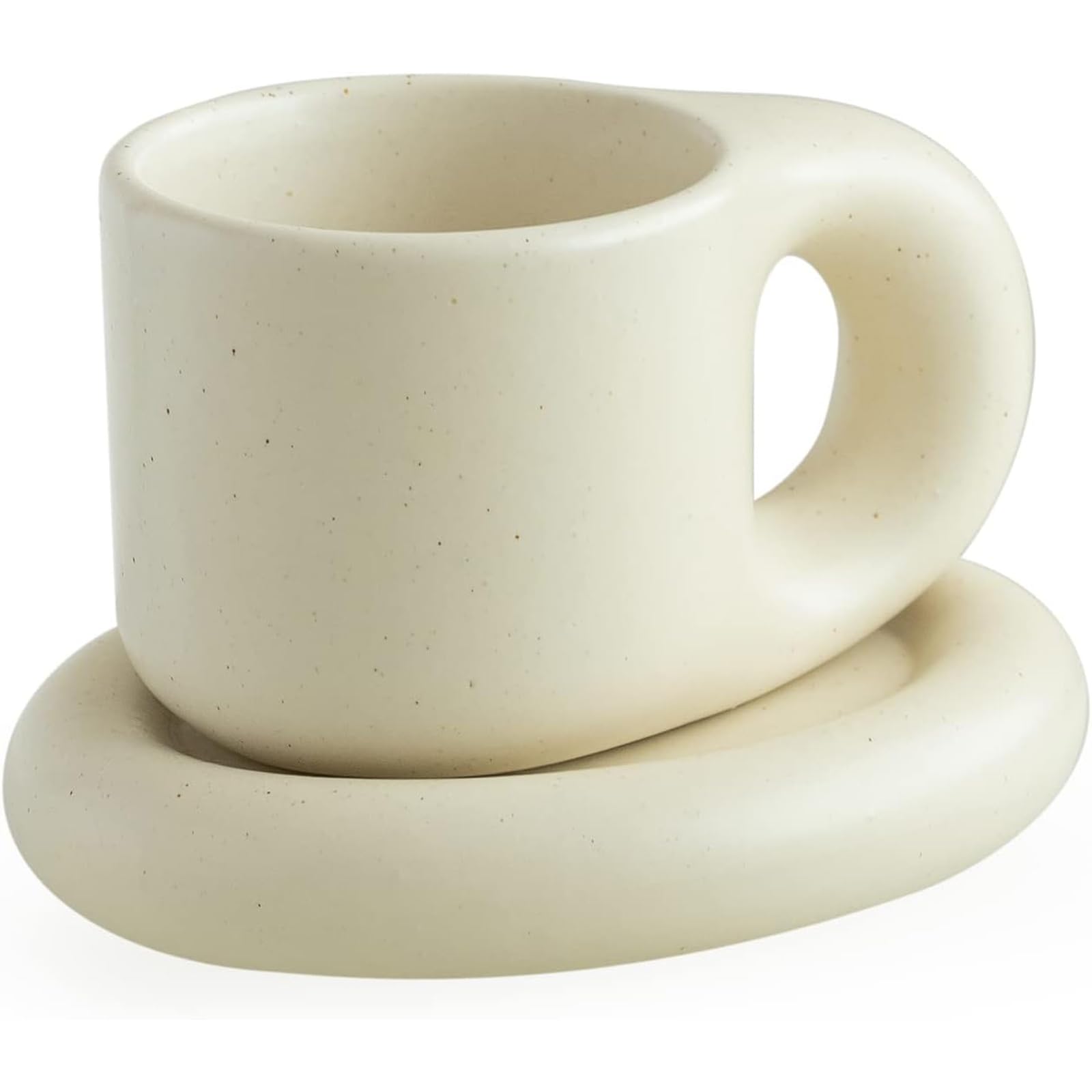 Chubby Funny Coffee Mug, Novelty Cute Cup and Saucer, Ceramic Coffee Mug, High Color Creative Cute Chubby Mug with Saucer, Solid Beige, 9 oz