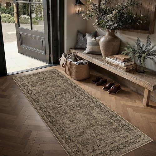 PureCozy Hallway Runner Rug 2x6 Washable Brown Vintage Distressed Long Runner Oriental Soft Thin Indoor Carpet Non Slip Low Pile Throw Rug for Kitchen Bedroom Laundry Bedside Entryway 2' x 6