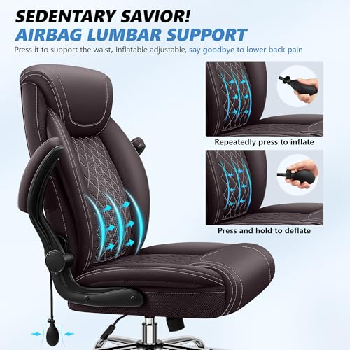 Image of BestGlory Executive Office Chair with Lumbar Support, Big and Tall Ergonomic Computer Desk Chair, Leather Comfy High Back Gaming Chair with Flip Up Arms & Rocking Function for Home Office, Coffee