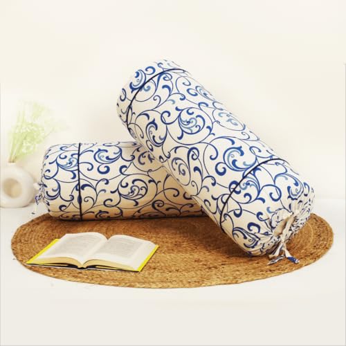 Image of AURAVE Cotton 144 TC Printed Bolster Cover with Drawstring Closure, Set of 2, Soft Breathable Durable Machine Washable for Sofa Bed & Home Decor, 15 inchx30 inch, Blue | Cover Only