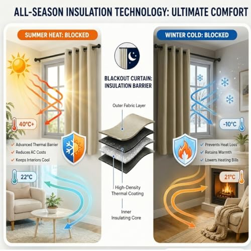 Image of Blackout Window Curtains, 100% Room Darkening | 5 Feet |Set of 2| Faux Silk Drapes| Thermal Insulated & Noise Reducing for Living Room and Bedroom|115cmx150cm, Color- Cream