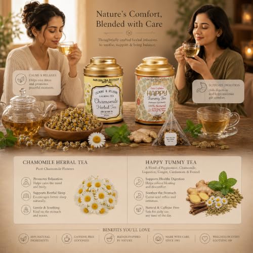 Image of Sancha Tea Boutique, Tea Combo Pack: Chamomile Herbal (50g) & Happy Tummy Teas (25 Pyramid Bags), Digestive Herbal Tisane & Calming Beverage