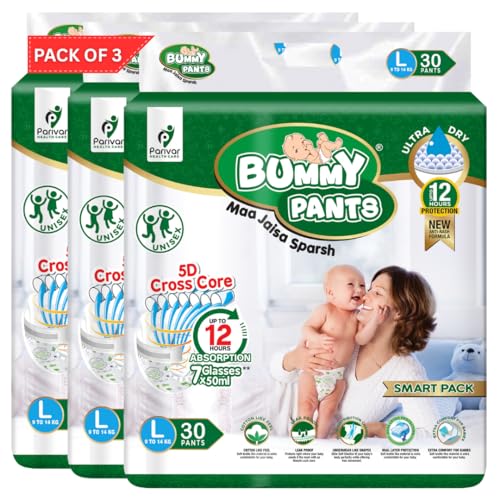 Image of BUMMY PANTS Baby Diapers - Soft & Comfortable with 5D Cross Core Technology, 360 Soft Elastic Waistband & Up to 12-Hour Absorption | L | Pack of 3 | 90 Pieces
