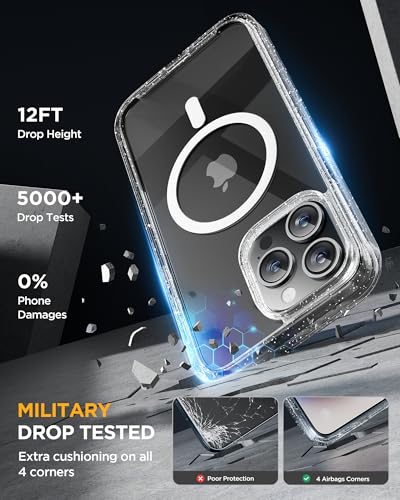 Image of Miracase Magnetic for iPhone 12 Pro Max Case [Compatible with MagSafe] Full-Body Phone case with Built-in Glass Screen Protector& Camera Protector, Military Drop Proof 12 Pro Max Cover, Clear Glitter